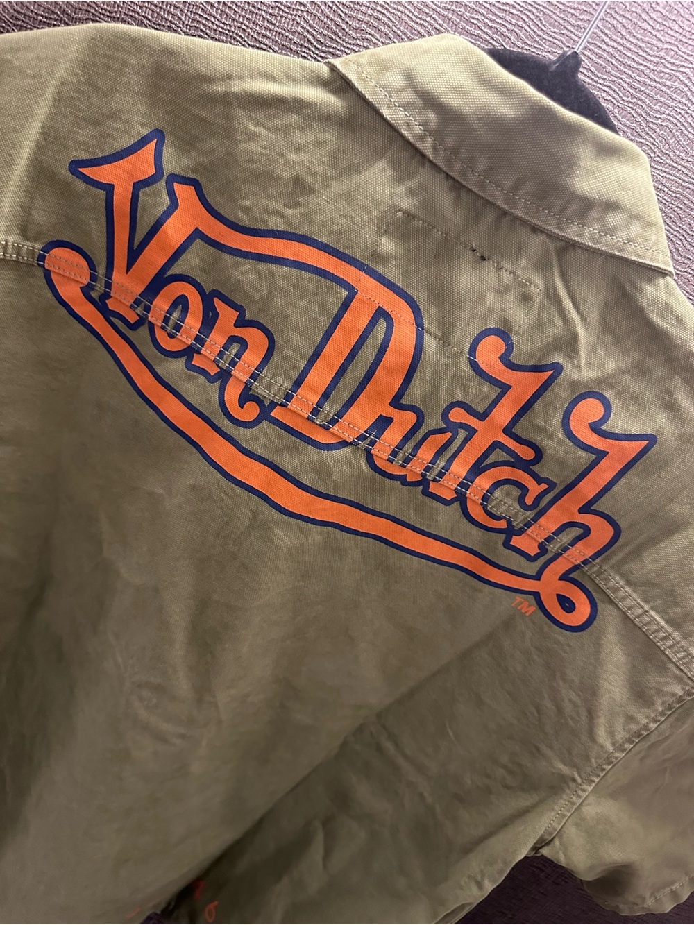 Vintage Von Dutch Olive Green Jacket with Orange Text